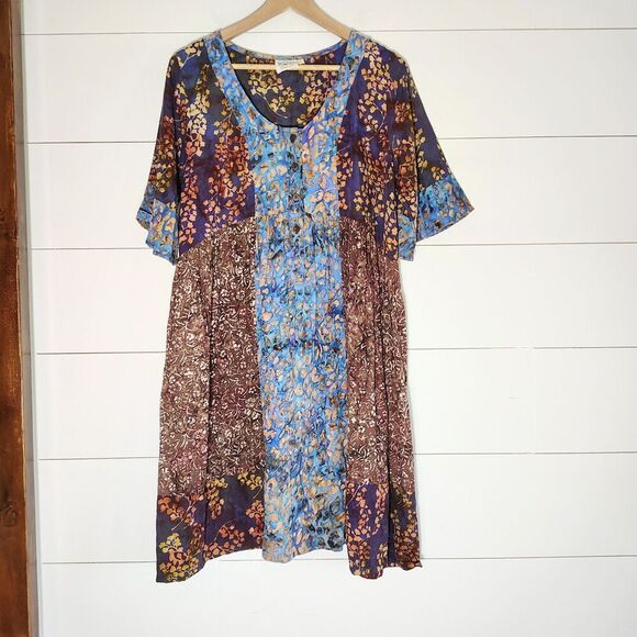 Go Fish Dresses & Skirts - Boho Patchwork Tunic Dress Size M Blue Brown Floral Lagenlook Artsy